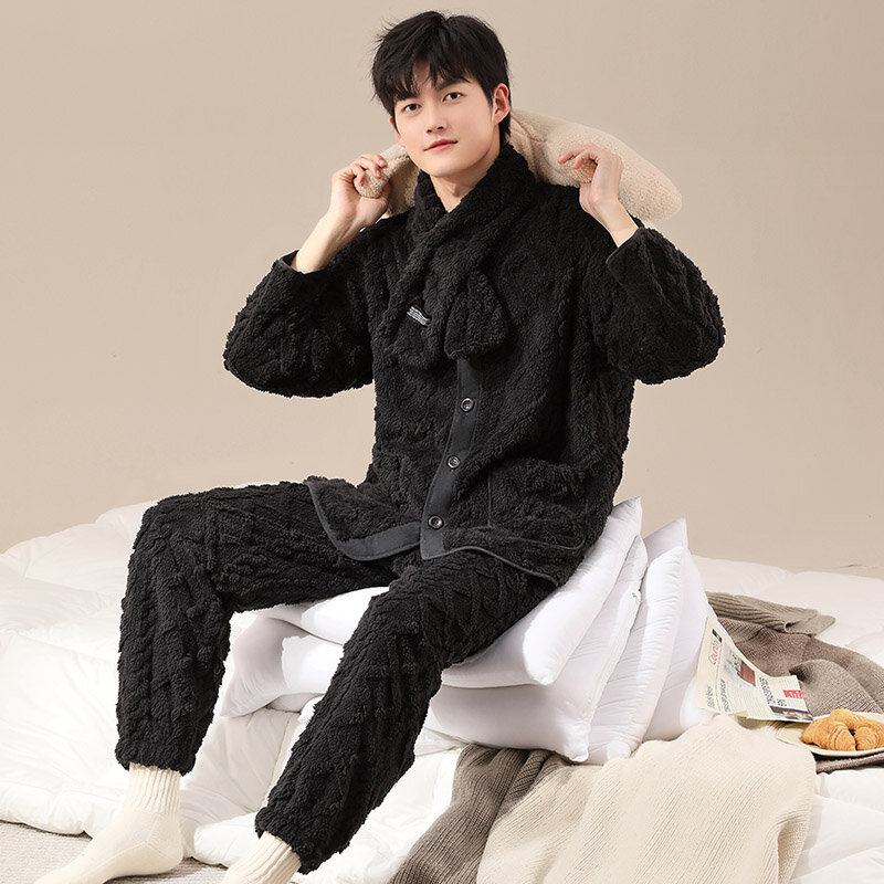 Men's Winter V-Neck Cardigan Pajamas Set Solid Sleepwear Coral Fleece Homewear Thick Warm Plush Velvet Male Suit Fall Sweatshirt