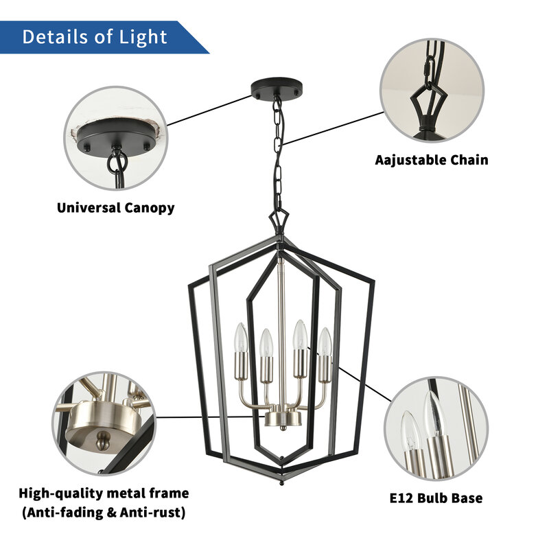4 Light Luxury Chandeliers Farmhouse Industrial Pendant Lighting Classic Lantern Hanging Light for Kitchen Island Dining Room