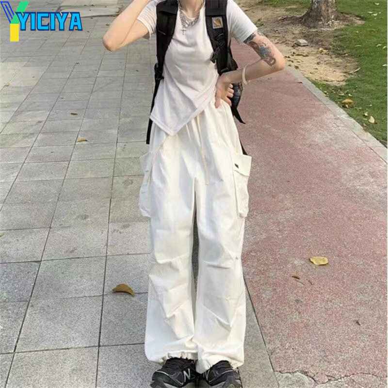 YICIYA y2k style Spodnie Spodnie spadochronowe białe letnie PROSTE Kobiety Pełna długość workowate spodnie high street Unisex Nowe stroje 90s