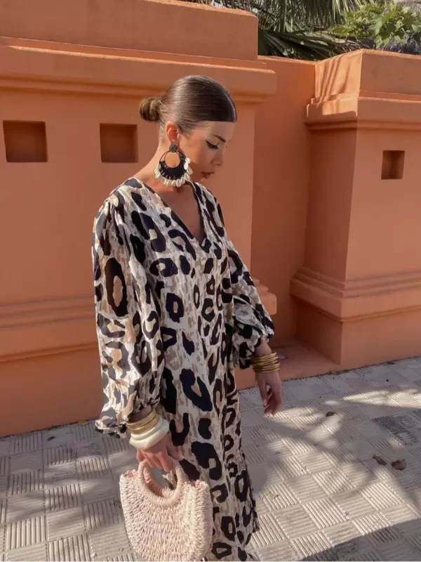 Elegan V-Ausschnitt Leoparden muster Maxi kleid für Frauen Vintage Laterne Ärmel lose Vestido 2024 Frühling lässig weibliche High Streetwear
