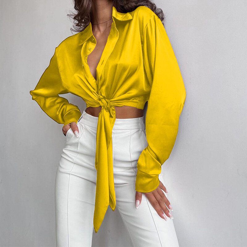 Blusa de manga comprida com gola polo feminina, camisa curta umbilical com vazamento, elegante de botão amarelo com renda, moda