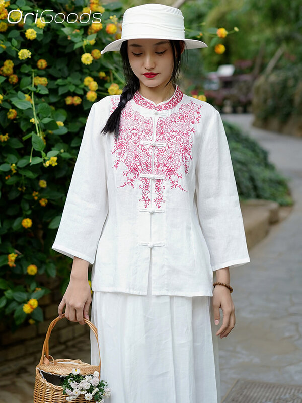 OriGoods National style Embroidery Summer Shirt Linen 100% Women Chinese style Ethnic Blouse Shirts 2024 New Linen Tops Q073