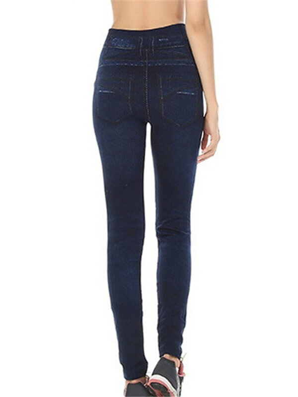 CHSDCSI-Leggings de Jean azul escuro casual feminino, calça jeans falsa, cintura alta, patchwork de ponto pequeno lateral, jeggings magros, senhora