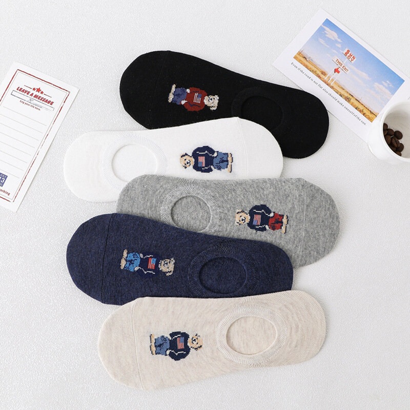 5pair/lot Fashion Men's Boat Socks Cartoon Bear Xia Qiu Non slip Invisible Silicone Cotton Ankle Slippers Socks Retro