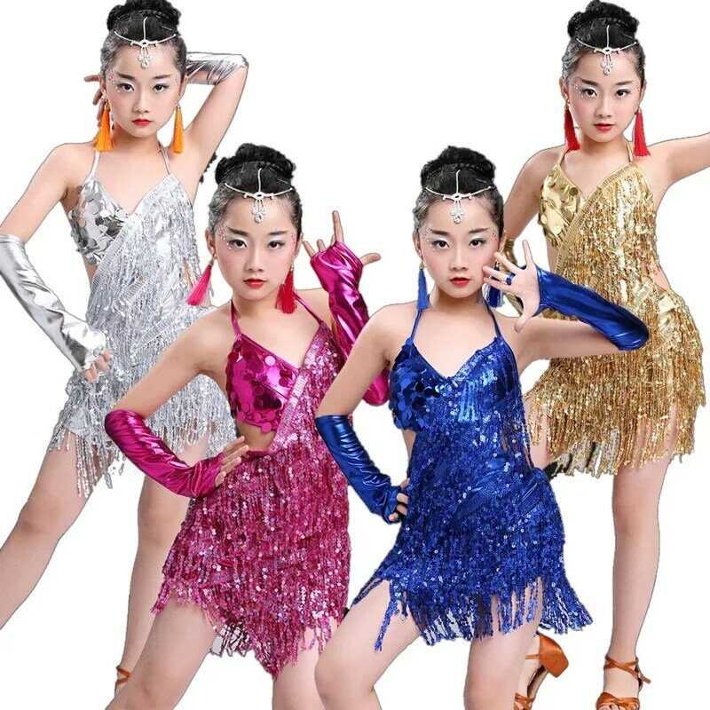 Kids Sequins Tassels Competition Costumes Latin Dance Dress Girls Gymnastics Practice Party Dancing Dresses Stage Dancewear