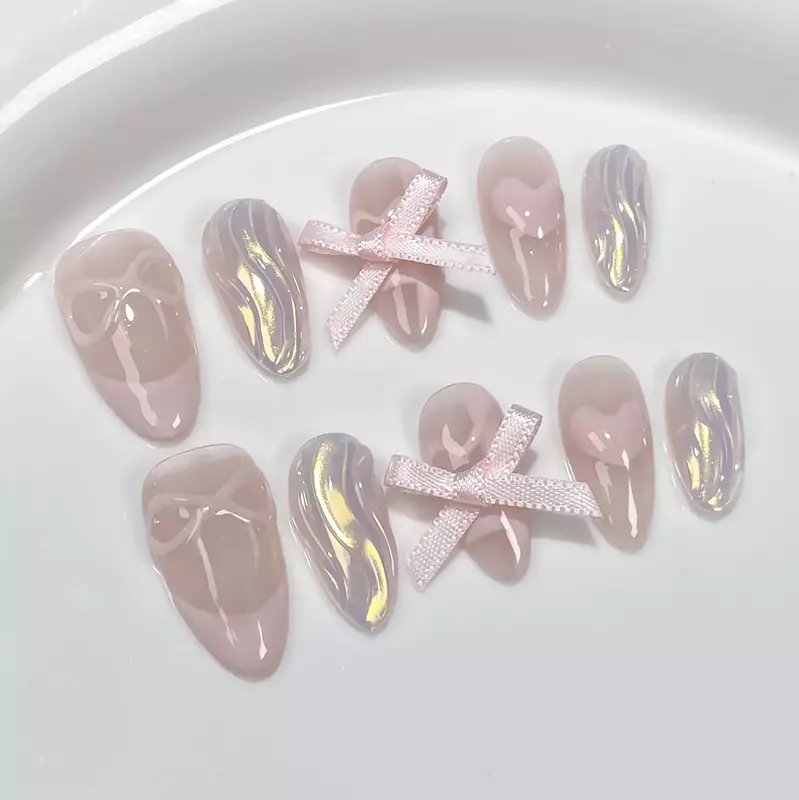 10Pcs Red Handmade Almond Press on Nails Ballet Wearable Rhinestone French Aurora False Nails Decoration Manicure Nail Tips Art