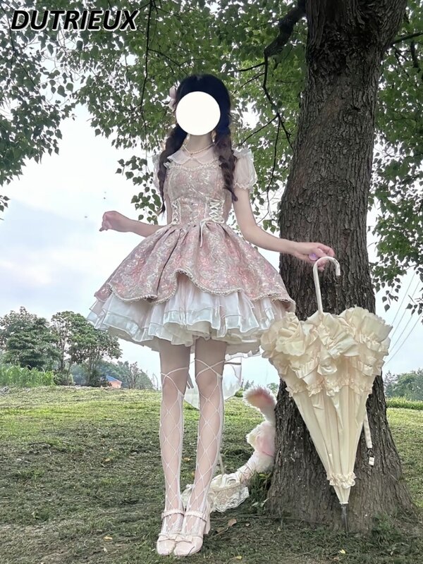 Lolita gaun selempang balet ramping pinggang mutiara peri elegan imut gaya Jepang gaun atasan Tube wanita manis JSK musim panas