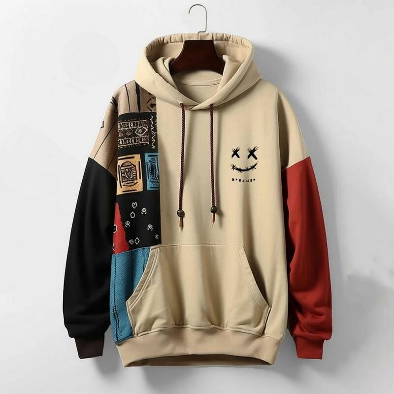Pullover Top Men's Retro Cartoon Pattern Hoodie with Big Patch Pocket Thick Warm Pullover for Fall Winter Streetwear Fall Men