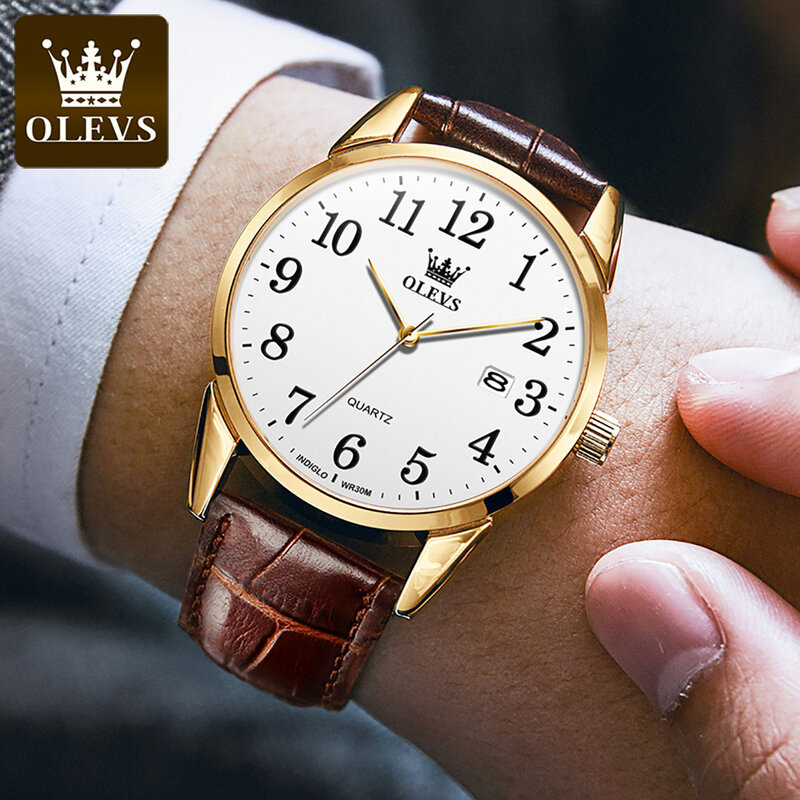 OLEVS 5566 Number Scale Quartz Couple Watch Fashion Classic Waterproof Leather Wristwatch Calendar Dress Watch For Men Women