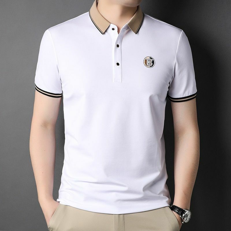 Korean Summer Polo Shirt Short Sleeve T-shirt Men's Contrast Embroidery Letter Lapel Button Fashion Casual Versatile Cotton Top