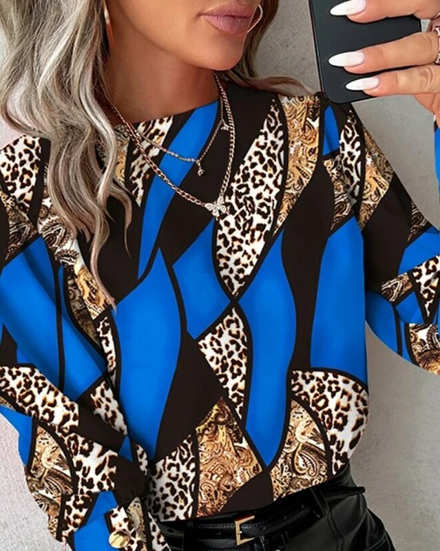 Chemisiers College léopard baroques pour femmes, manches Gigot, dos boutonné, chemises à col rond, haut adt, mode automne, 2023