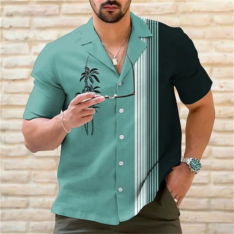 Kemeja mewah 6 warna 2023 pria musim panas kemeja Hawaii kasual modis jalanan lengan pendek garis kelapa pesta pantai