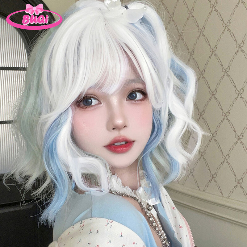 BUQI Wavy Synthetic Wig With Bangs Short Bob Candy Colors Wigs Curly Wavy Shoulder Length Cosplay Wig Daily Colorful Wig