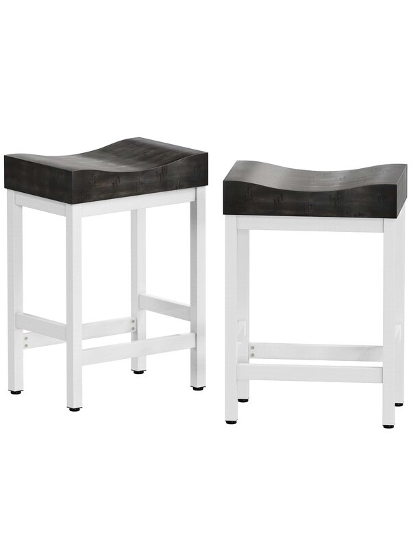 Bar Stools Set of 2, Counter Height Stools 25 Inch Saddle Stools, Wood Modern Kitchen Barstools with Metal Base