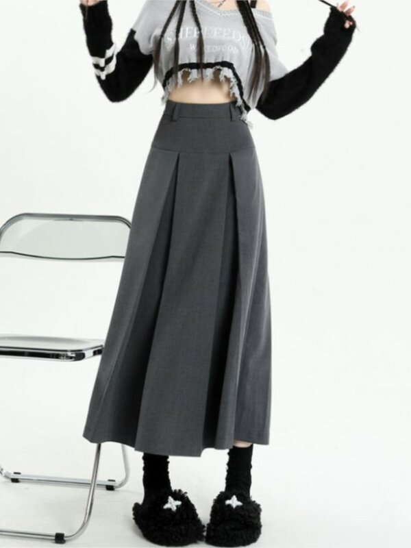 Damska plisowana spódnica średniej długości, sukienka damska w stylu koreańskim, wysoki stan, vintage, szara, moda Y2K, wiosna/lato