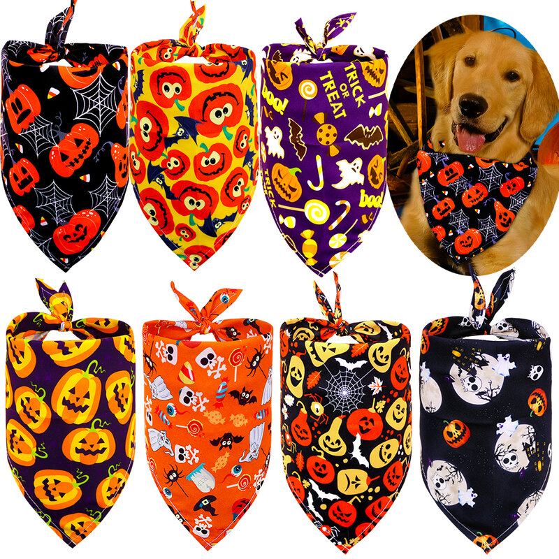 50pcs Dog Bandana Halloween Pet Supplies Small Dog Cat Puppy Bandanas Scarf Holiday Dog Accessories Pumpkin Skull Dogs Bandana