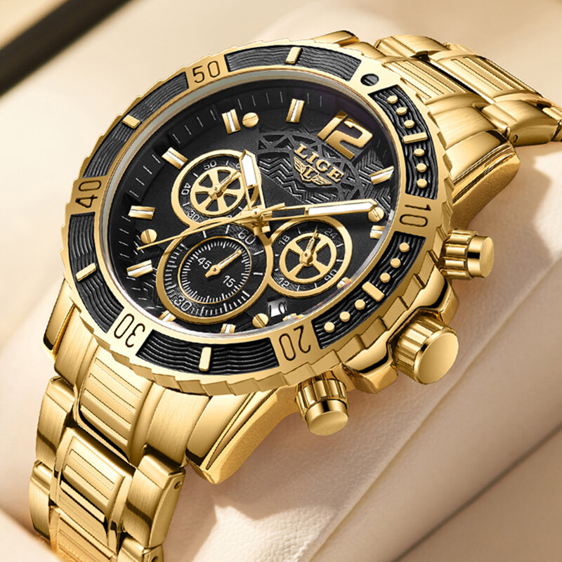 LIGE jam tangan emas pria, arloji kasual bisnis mewah konograf Quartz militer 2023
