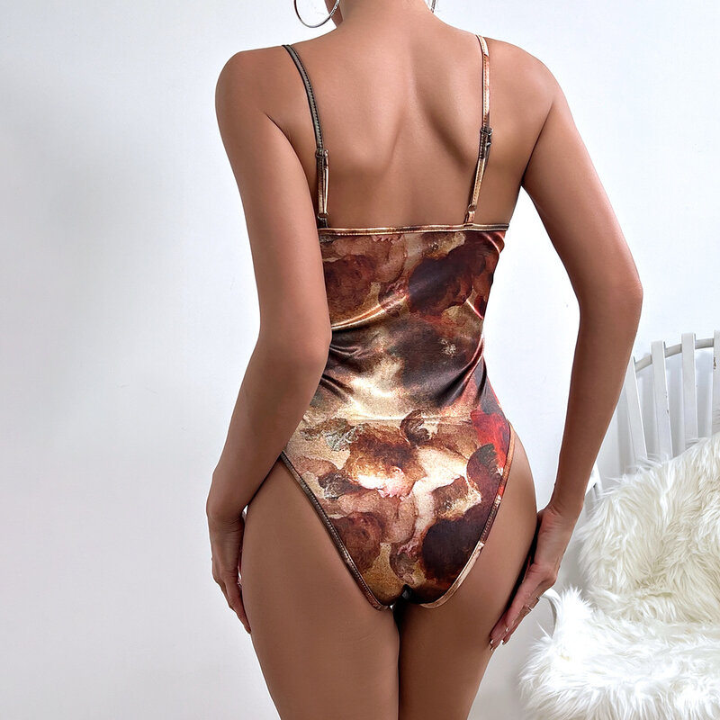 ISAROSE Vintage Summer Rompers for Women Oil Painting Printed Stretch Satin Spaghetti Straps Bra Free Front Buckle Playsuits