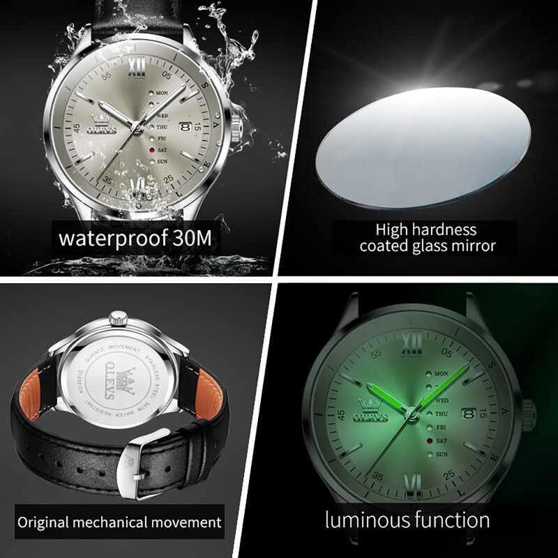 Olevs Gloednieuwe Fashion Week Design Quartz Horloge Voor Mannen Lederen Waterdichte Kalender Business Heren Horloges Logio Masculino