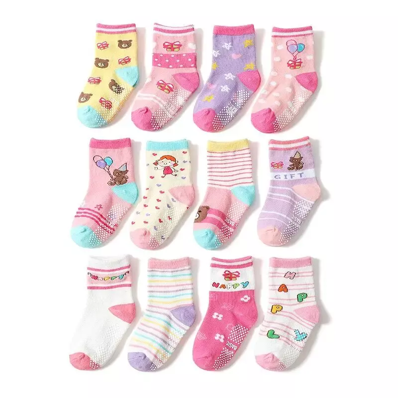 Calcetines de algodón antideslizantes para bebé, calcetín de corte bajo con empuñaduras de goma, 1 a 5 años, 12 pares por lote