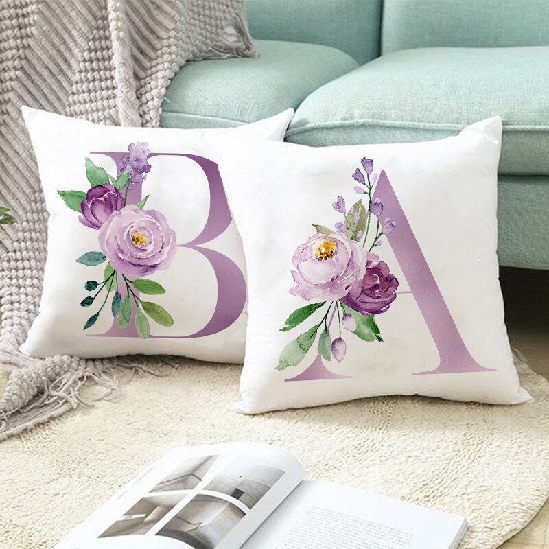 Funda de almohada con estampado de letras púrpuras para sofá, funda de cojín Simple para oficina, almohada decorativa