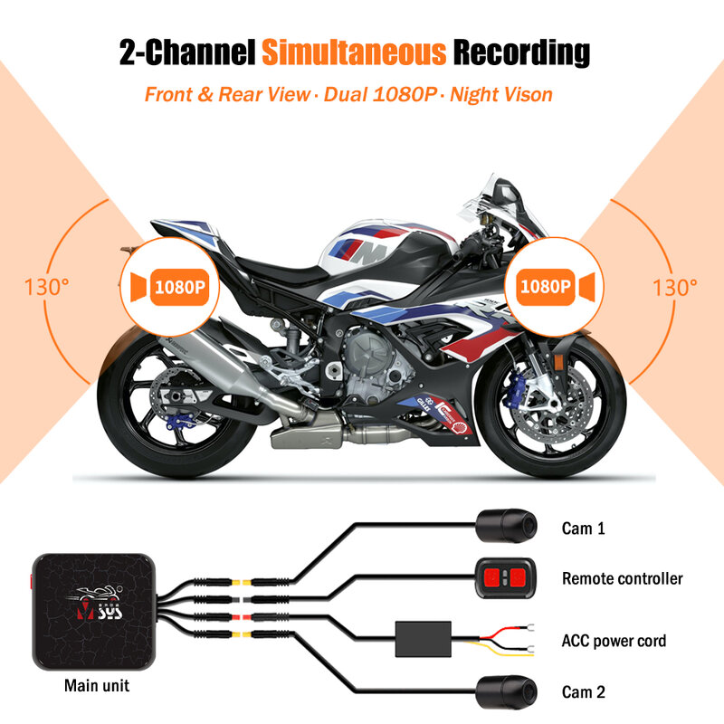SYS-Cámara de Acción VSYS Dual para motocicleta, grabador DVR 1080P, Vista frontal y trasera, resistente al agua, caja de visión nocturna negra