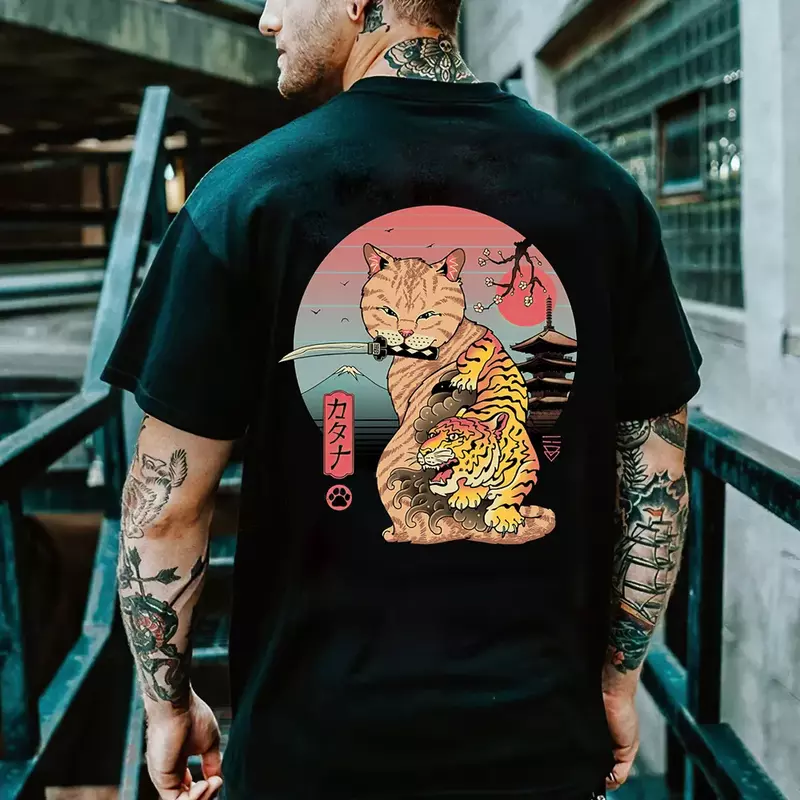 Camiseta con estampado de gato samurái de dibujos animados para hombres, ropa Vintage Harajuku de Hip Hop al aire libre, cuello redondo informal, camisetas sueltas de manga corta