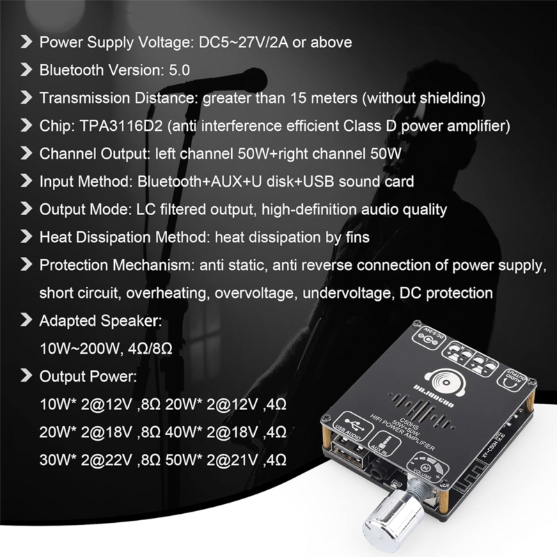 DAJUNGUO-Módulo Amplificador de Potência de Áudio Digital, Placa Bluetooth, Chip HiFi, 12-24V, 50W, 50W, TPA3116D2, C50HS
