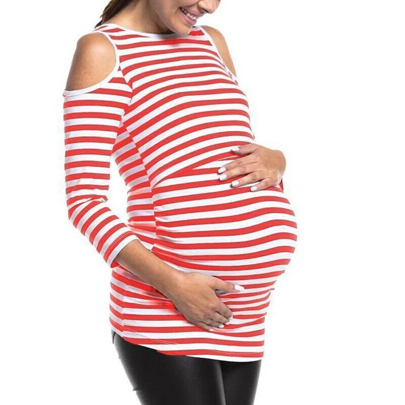 스트라이프 패션 오프 숄더 긴 소매 임신 수유 티셔츠 여성용, 임신 의류