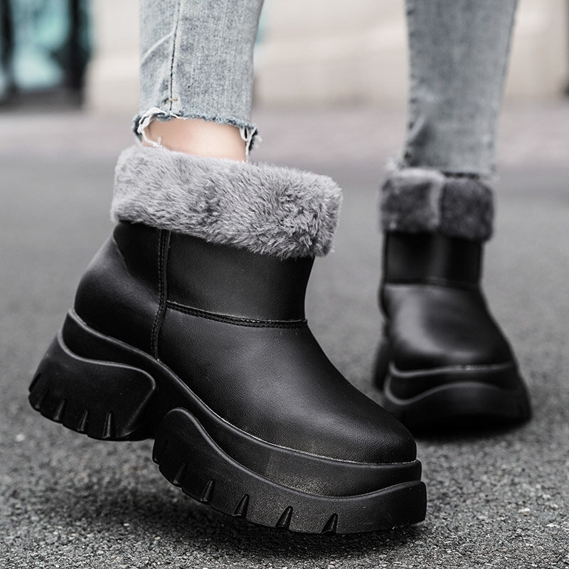 STRONGSHEN Women Snow Boots Watarproof Leather Ankle Boots For Winter Keep Warm Fur Platform Casual Shoes Female Botas Mujer