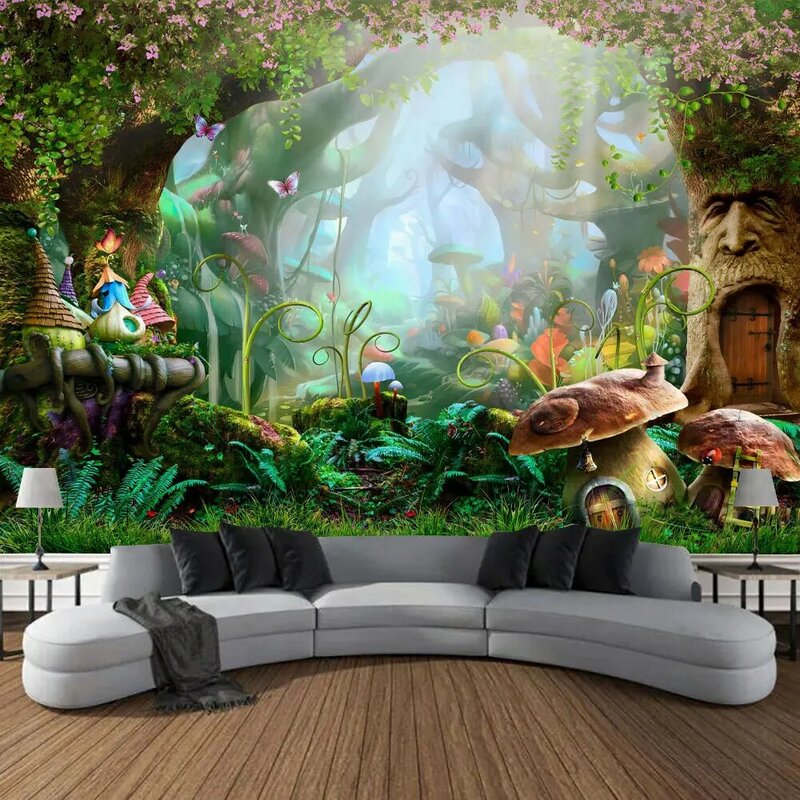 Gobelin Fantasy las domek grzybowy ozdoba na ścianę tło ściana sypialnia pokój salon dekoracja domu