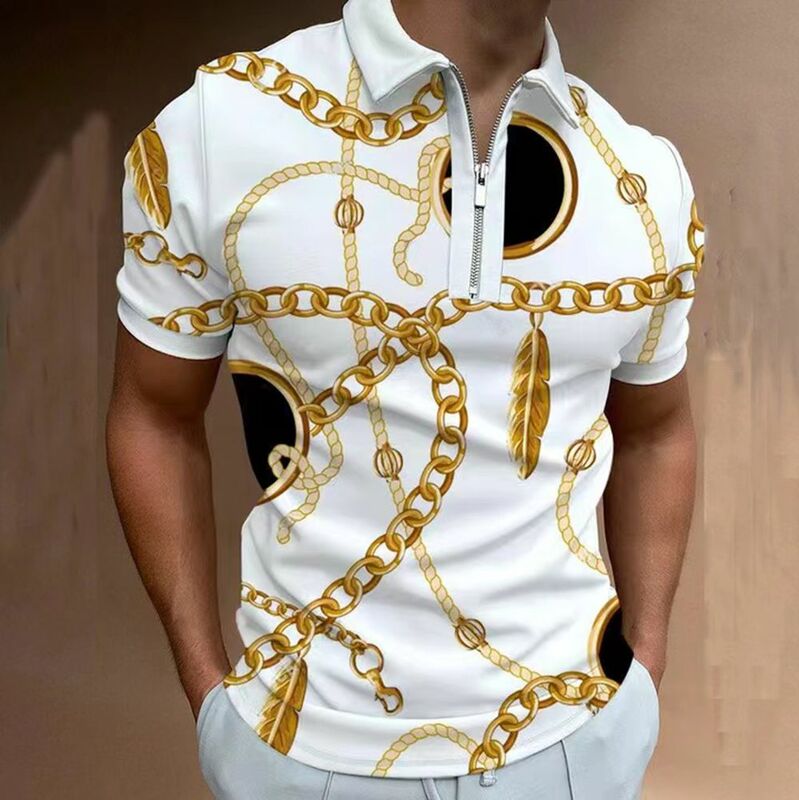 2024 Tiki 남성용 3D 인쇄 요소 지퍼 폴로 셔츠, 3D 디지털 인쇄 루즈 반팔 티셔츠, 남성용 셔츠, 시험 남성용, 신제품
