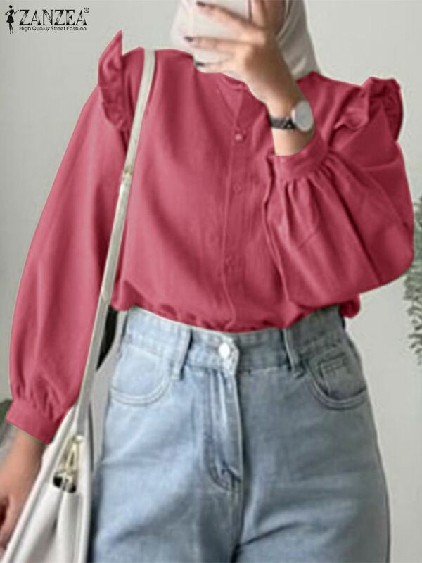 ZANZEA falbanki w stylu Vintage Hem muzułmańska bluzka damska modna solidna koszulka bufiaste rękawy z okrągłym dekoltem tunikowe bluzki casualowe bluzy Mujer oversize