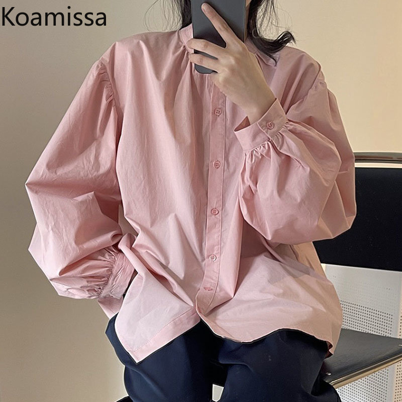 Koamissa New Spring Autumn Women Long Shirt Fashion Stand Collar Lantern Sleeve Ladies Solid Blouse Loose Single Breasted Blusas