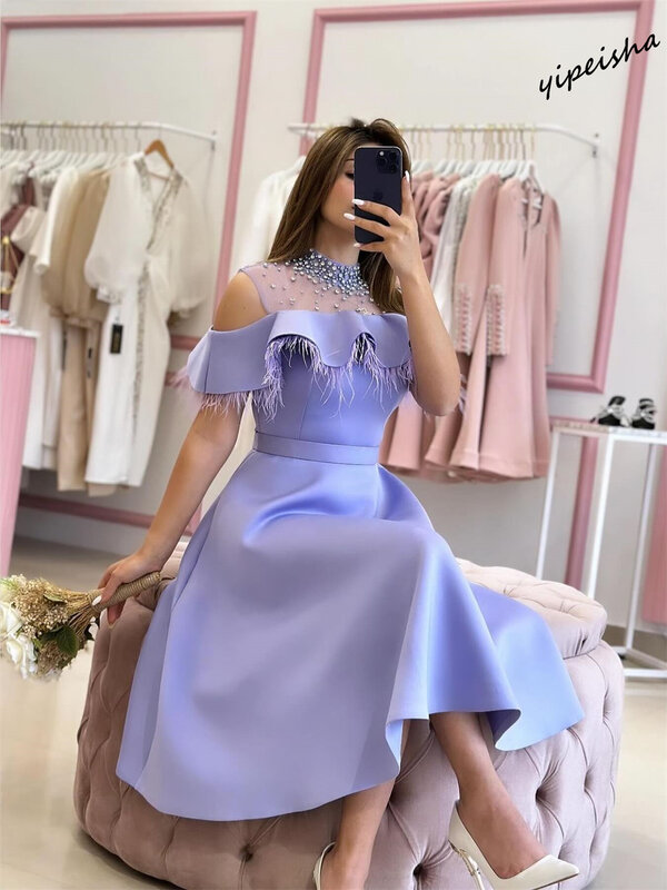 Yipeisha Prom Dress Mode Off-The-Shoulder A-Line Knielengte Feestjurken Strass Satijnen Op Maat Gemaakte Jurken