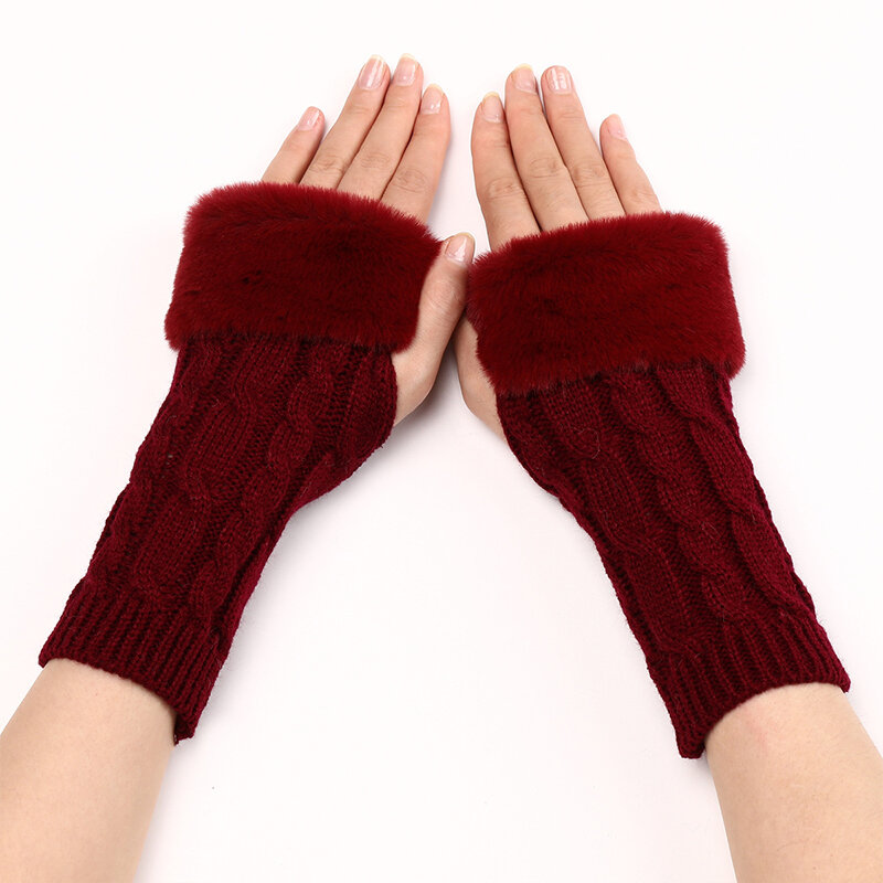 Зимние перчатки на полпальца для женщин, теплые перчатки из искусственного меха, перчатки для рук для девочек, вязаные полые варежки, перчатки унисекс без пальцев