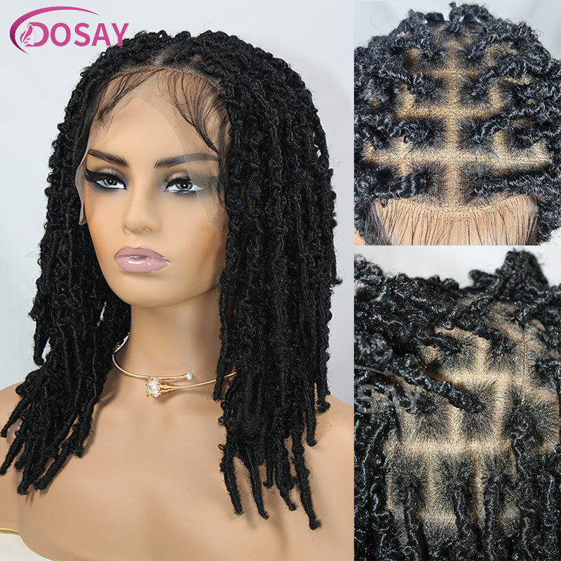 Wig sintetis 16 "kepang kepang pendek Wig rambut gimbal Wig kepang palsu hitam tahan panas sejuk untuk wanita
