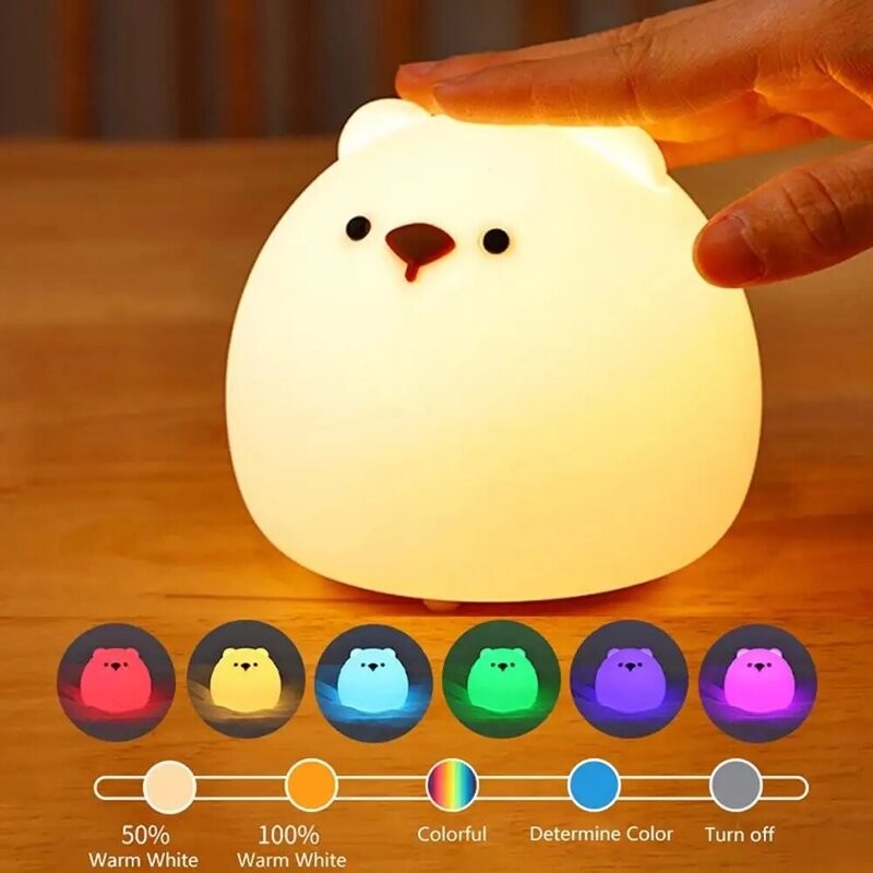 YOUZI Bonito Urso Night Light Soft Silicone Dormir Lâmpada Usb Recarregável Tap Touch Lâmpadas Coloridas Para Crianças Quarto