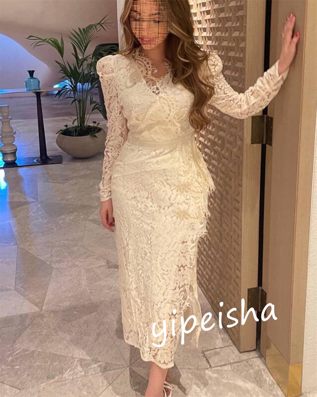 Prom Dress Evening Ball    Lace Ruffle A-line V-neck Bespoke Occasion Gown Midi Es Saudi Arabia  