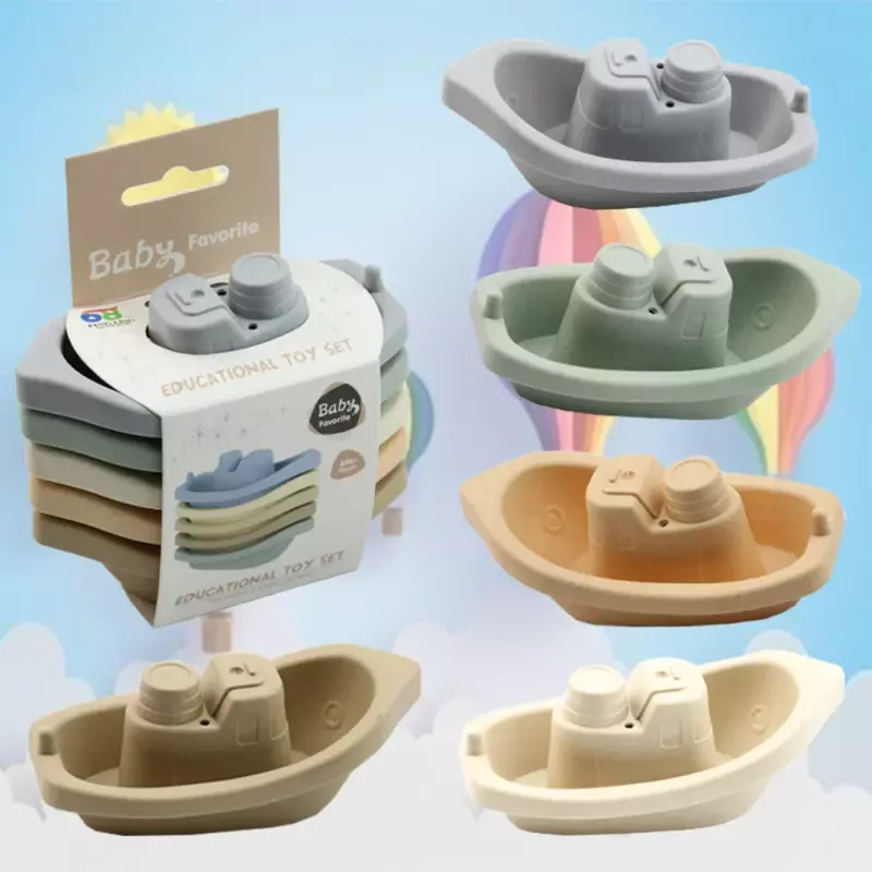 Baby Bath Toys Stacking Boat Toys Colorful Early Educational Intelligence Boat-shaped Stacked Cup Folding Tower Baby Comfort toy