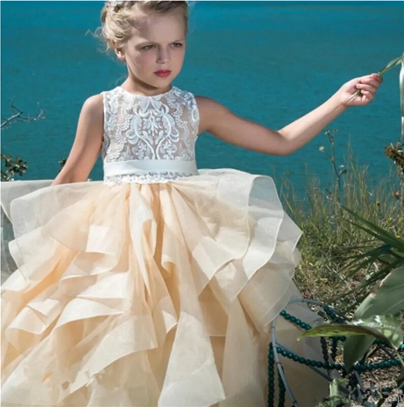 Layered Tulle Puffy Flower Girl Dress For Wedding Sleeveless Applique With Bow Child's First Eucharistic Birthday Party Dresses
