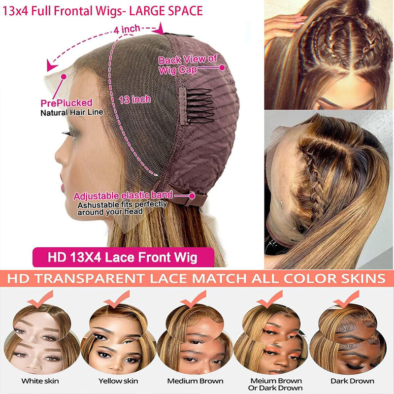 Perruque Lace Front Wig sans colle naturelle ombrée, cheveux lisses, blond miel, 13x4, densité 180%