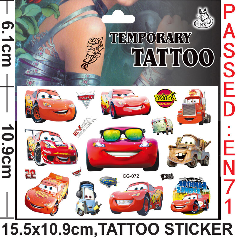 2 buah tato temporer mobil Anime kartun Disney, stiker tato seni tubuh, tato sementara, mainan pesta Cosplay untuk hadiah anak-anak