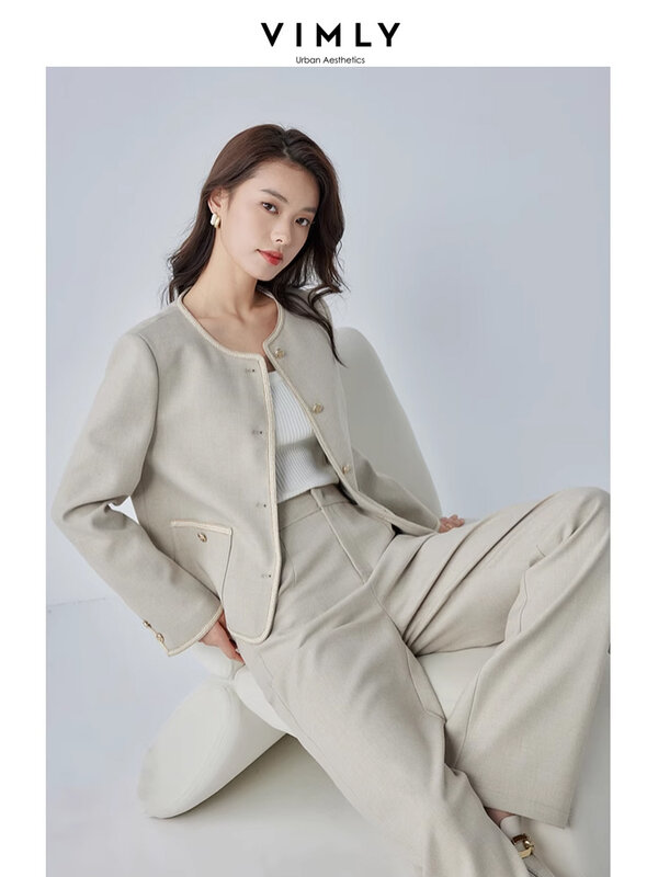 Vimly elegante Bürohose Anzug Crop Jacke elastische Taille breite Hose zweiteiliger Anzug weiblich 2024 Frühling passende Sets Outfits m5922