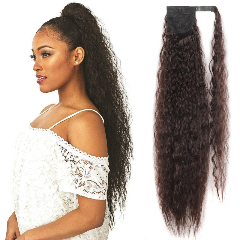 85cm 34inch Long Corn Wavy Ponytail Hairpiece Wrap Around Synthetic Clip in Hair Extensions Ombre Blonde Curly Pony Tail Fack