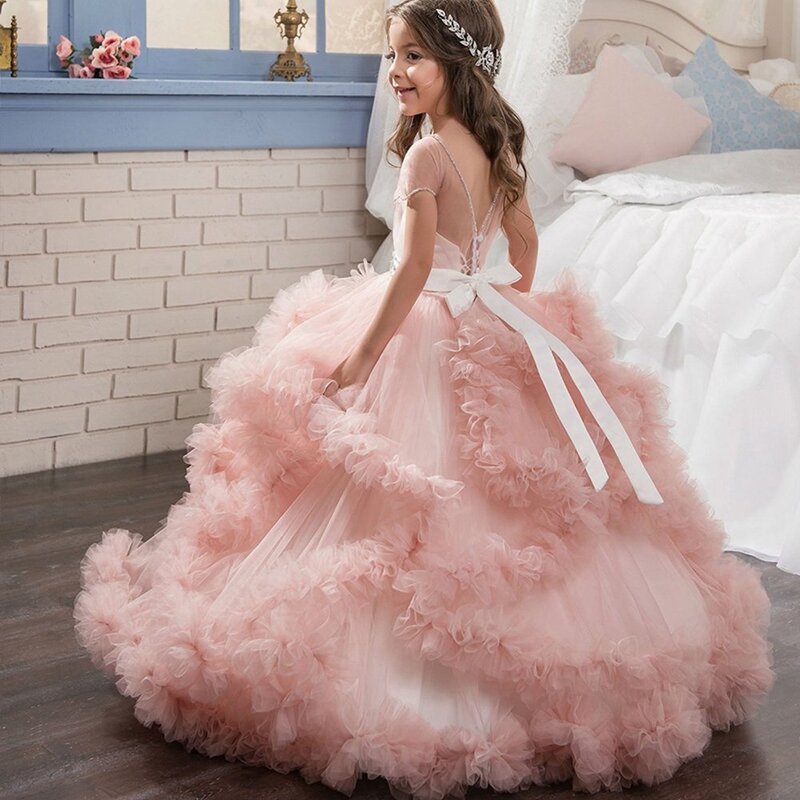 Vestido de tul rosa en capas para niña, vestido de flores con volantes, manga casquillo, cuentas, encaje con lazo, primer vestido de fiesta de cumpleaños eucarista para niño