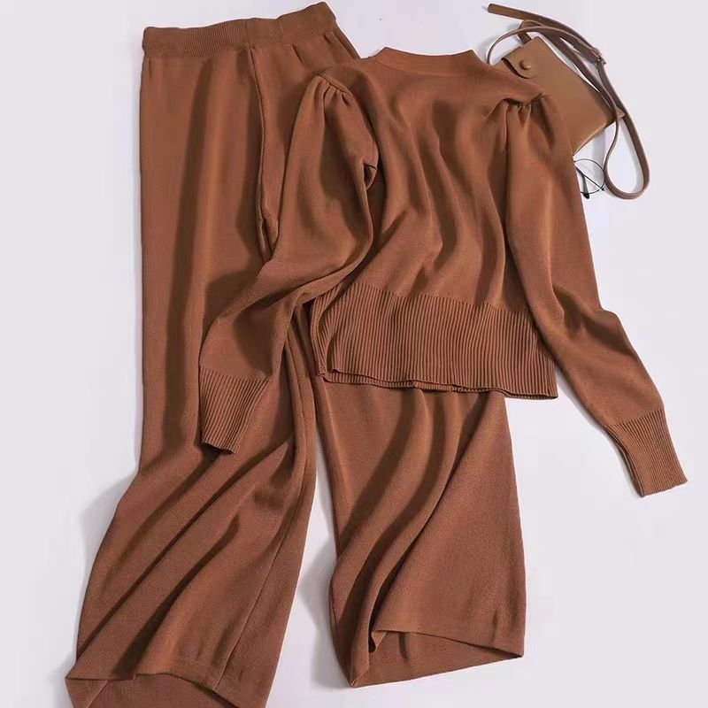 Abrigo de punto de manga larga con cuello en V para mujer, pantalones de pierna ancha con cordón de cintura alta, conjunto informal de primavera y otoño