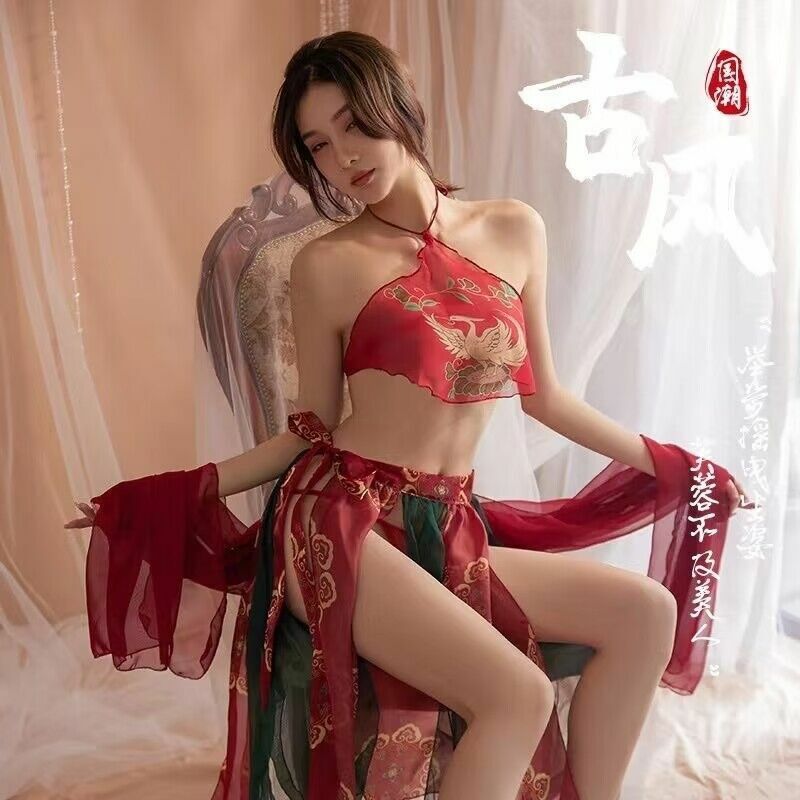 Ancient costume women Hanfu temptation suit pajamas sexy apron uniform chiffon transparent nightdress Dunhuang dance dress
