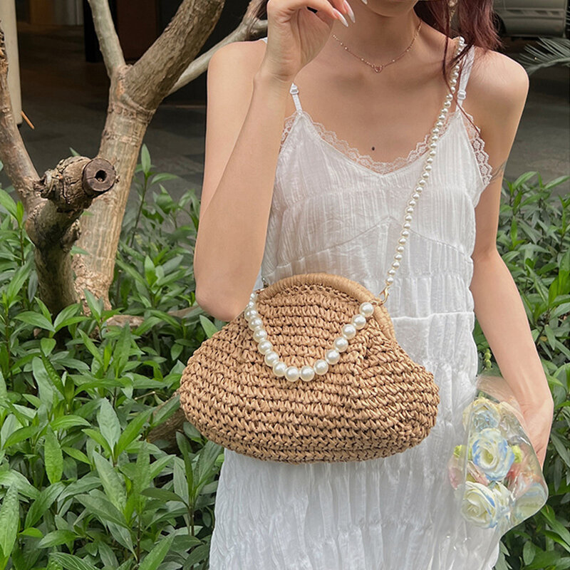 Bolso de paja con cadena de perlas para mujer, bolsa de mano tejida con cuentas en forma de nube, bandolera de hombro de playa con cuerda de papel