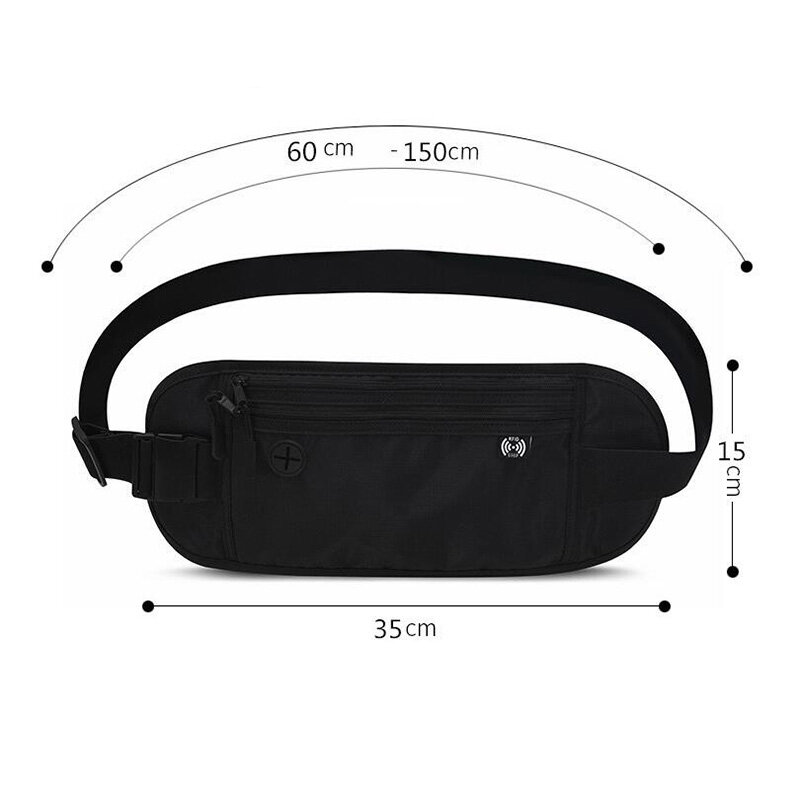 15*35cm RFID Blocking Waterproof Travel Phone Belt Waist Bag Fanny Pack Hidden Wallet Signal RFID Blocker Passport Holder Bag
